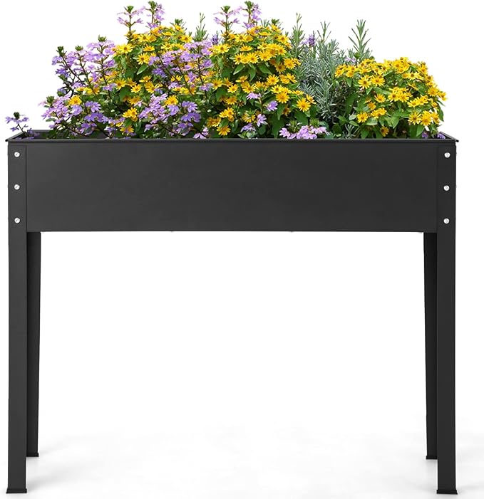 Giantex Raised Garden Bed Metal Planter Box with Legs Drain Hole Outdoor Indoor Elevated Garden Box for Vegetable Flower Herb Fruit Standing Raised Beds for Backyard Porch Balcony Black
