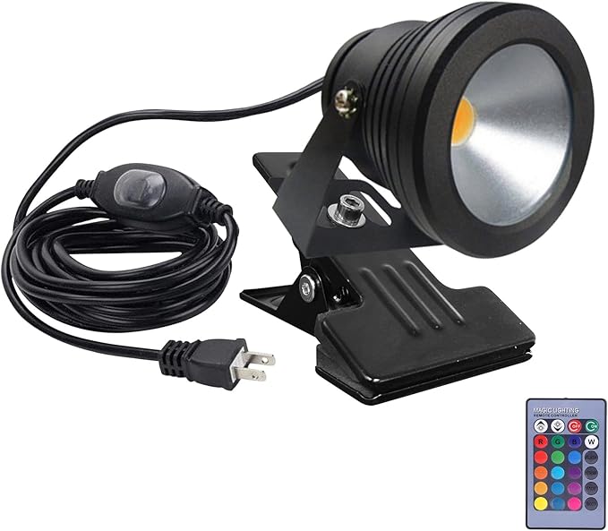 Kiven Plug in Spotlight 10W Waterproof LED Clip-on Light Black Finish Plug in Landscape Light with 9.84ft Plug in Cord and On/Off Switch for Hallway Garden Patio Yard Flag(RGB)