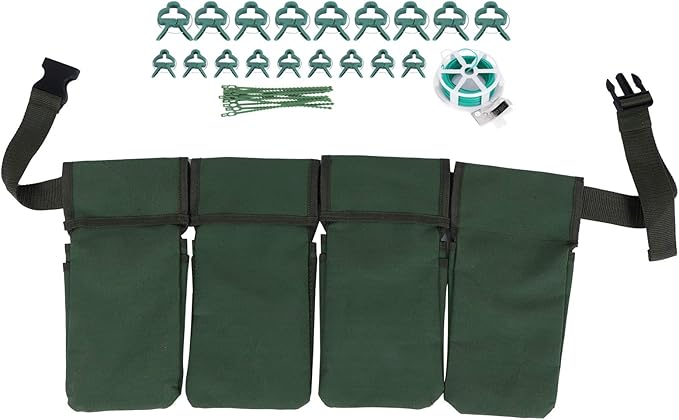 Gardening Tools Set with Green Waist Bag Plant Support Clips and Adjustable Cable Ties Kit sturdy Canvas Material for Professional Gardeners