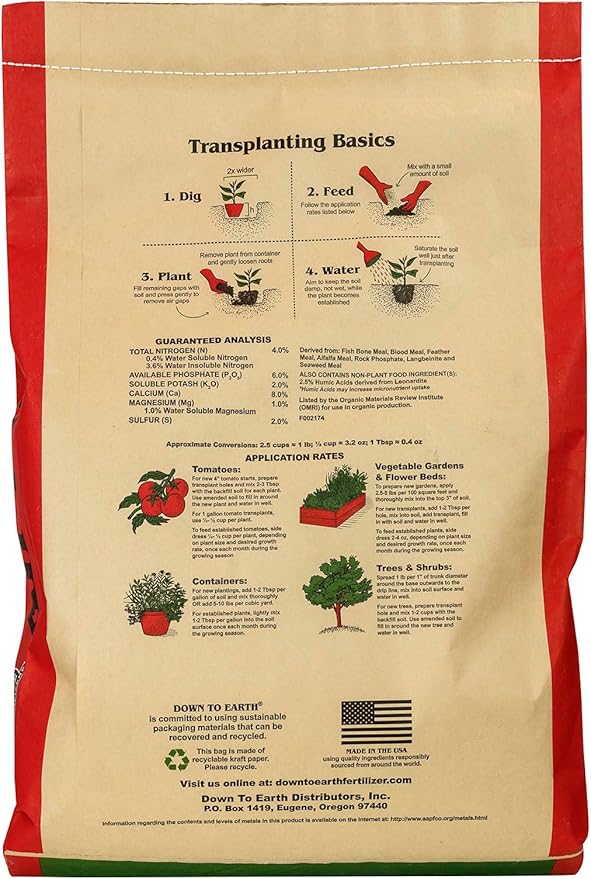 Down To Earth All Natural Fertilizers Organic All Purpose Tomato &amp Vegetable Mix - Plant Food for Tomatoes Peppers Herbs and Flowers 4-6-2 25 lb