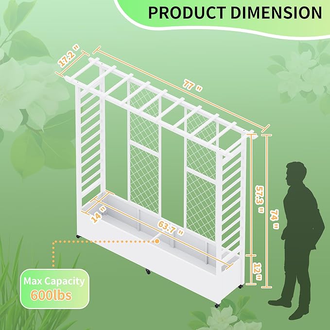 Raised Garden Bed with Trellis &amp Hanging Roof Weatherproof Metal Planter Box with Wheels Garden Arch Trellis for Outdoor Climbing Plants Vines Flowers 74 H x 77 L x 17 W White