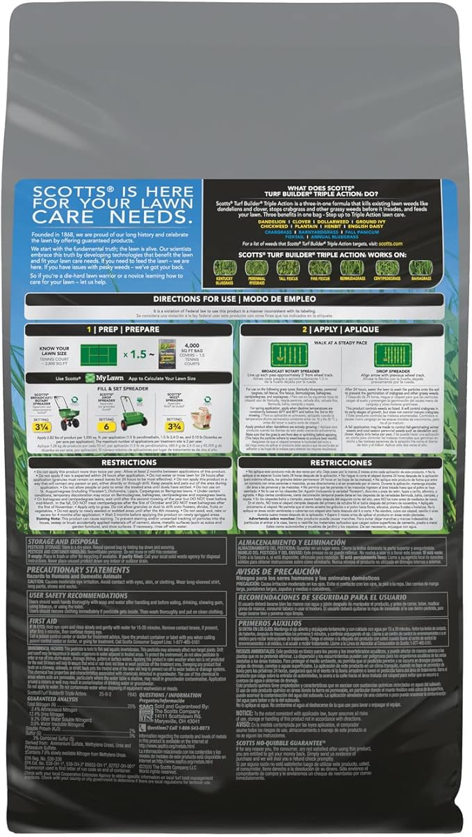 Scotts Turf Builder Triple Action1 - Weed Control Lawn Weed Killer Crabgrass Preventer and Grass Fertilizer for Lawns Covers 4000 sq. ft. 11.31 lb. (2-Pack)