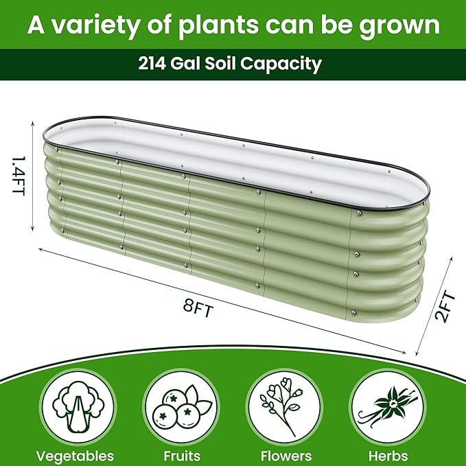 8 X 2 X 1.4 Ft Galvanized Raised Garden BedSturdy and Easy to Assemble Oval Raised Planter Beds Outdoor for Vegetables Gardening Flowers Fruits（Light Green）