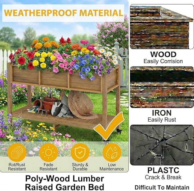 DWVO 47x18x31in Raised Garden Bed Outdoor HDPE with Legs and Lockable Wheels Weather-Resistant Poly-Wood Elevated Planter Box Herb Garden Bed for Backyard Patio Balcony Brown
