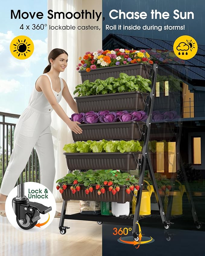 5-Tier Vertical Garden Bed Planter Boxes with Wheels Drainage System &amp Storage Space Mobile Vertical Garden Planter with 5 S-Hooks for Plants Vegetables Flowers Herbs in Garden Patio Yard