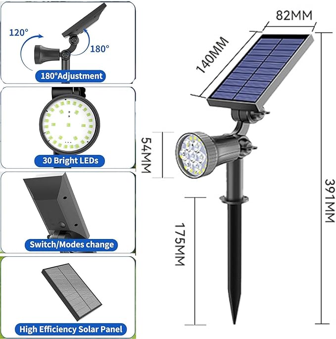 Warm WhiteOutdoor Solar Spotlight 30 LEDs Solar Lights Auto On/Off with 3 Modes IP65 Waterproof Landscape Lighting Garden2Pack
