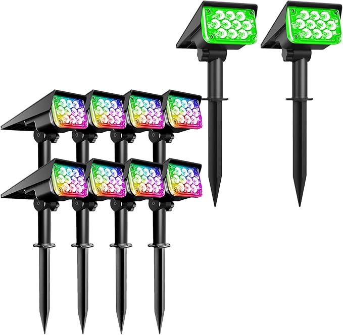 T-SUNUS Color &amp Green 10 Pack Solar Landscape Spotlights IP65 Waterproof Solar Powered Spot Light Wall Lights 2-in-1 Outdoor Landscaping Light for Yard Garden Driveway Porch Walkway Pool Patio
