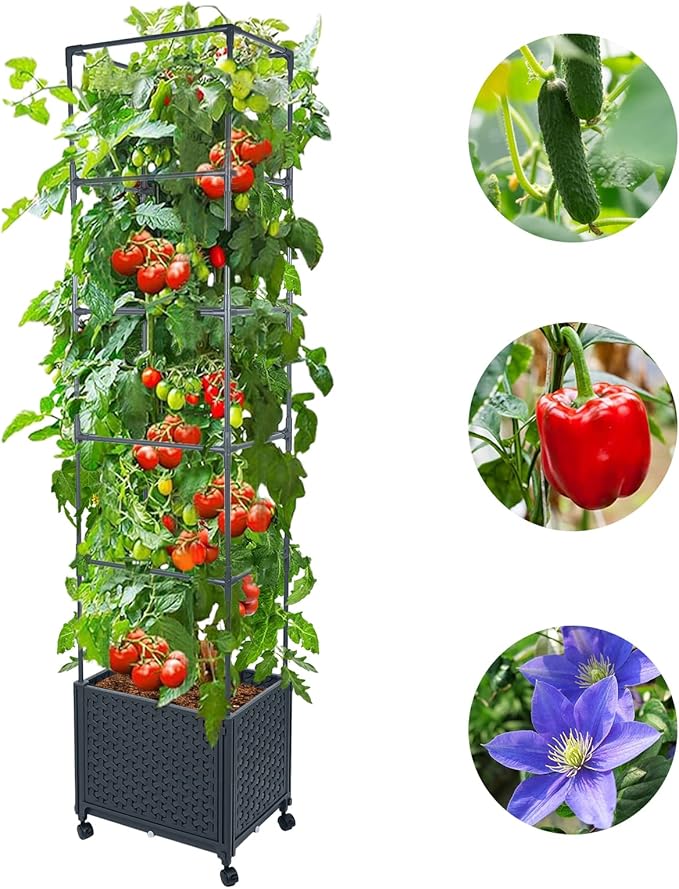 GREEN MOUNT Raised Garden Bed Planter Box with Trellis for Climbing Vegetables Plants 67.6 Outdoor Tomatoes Planters Tomato Cage w/Wheels