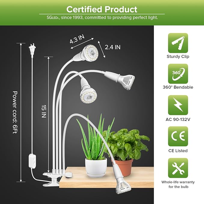 Grow Lights for Indoor Plants LED 40 W Full Spectrum Bulb Replaceable Plant Light 600 W Equivalent Clip on Grow Light with Optical Lens for Indoor Growing Lifetime Free Bulb Replacement