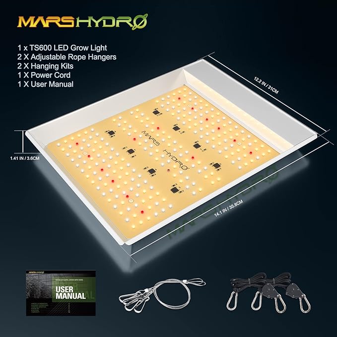 MARS HYDRO TS600 100W LED Grow Light for Beginners New Diodes Layout Full Spectrum Growing Lamps for Indoor Plants and ITime 2-in-1 Smart Timer Outlet Dual Outlet