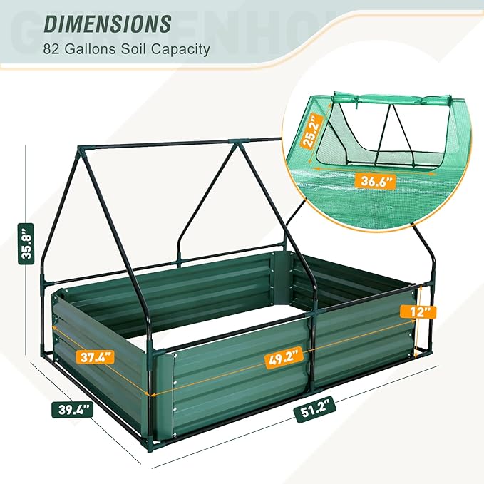 EAGLE PEAK 4x3x1 ft Outdoor Galvanized Steel Raised Garden Bed with Greenhouse 2 Zippered Windows Planter Kit Box Thick Steel Flower Bed for Herbs Fruits and Vegetables Green