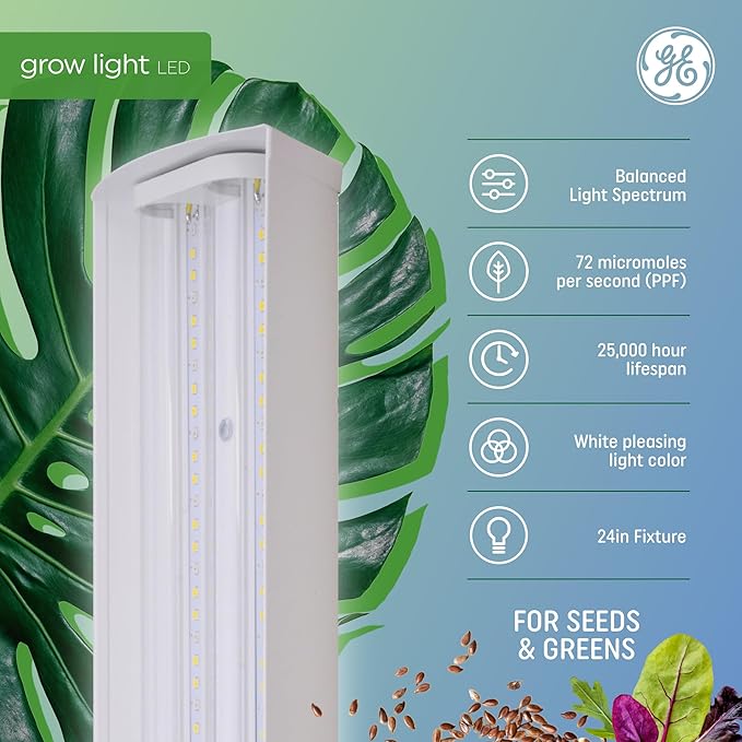 GE LED Grow Light for Indoor Plants Integrated LED Light Fixture for Seeds and Greens Balanced Light Spectrum 25000 Hours Lifespan 72 PPF 24 Inches 1 Pack (Packaging May Vary)