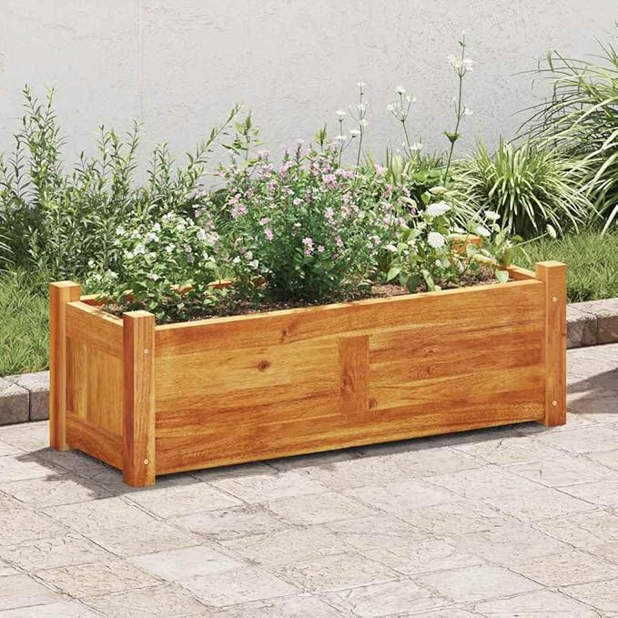 YAFF Large Rectangular Acacia Wood Raised Garden Bed Planter Box – Durable Indoor/Outdoor Solution for Flowers Vegetables Herbs – Oiled Finish Warm Brown Tone