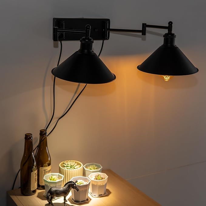Adjustable Left/Right Extension Wall Sconce 10W 4500K Full Spectrum15-60° Beam 15Ft Timer Cord Industrial Style Black Metal Cone Shade for Indoor Plants
