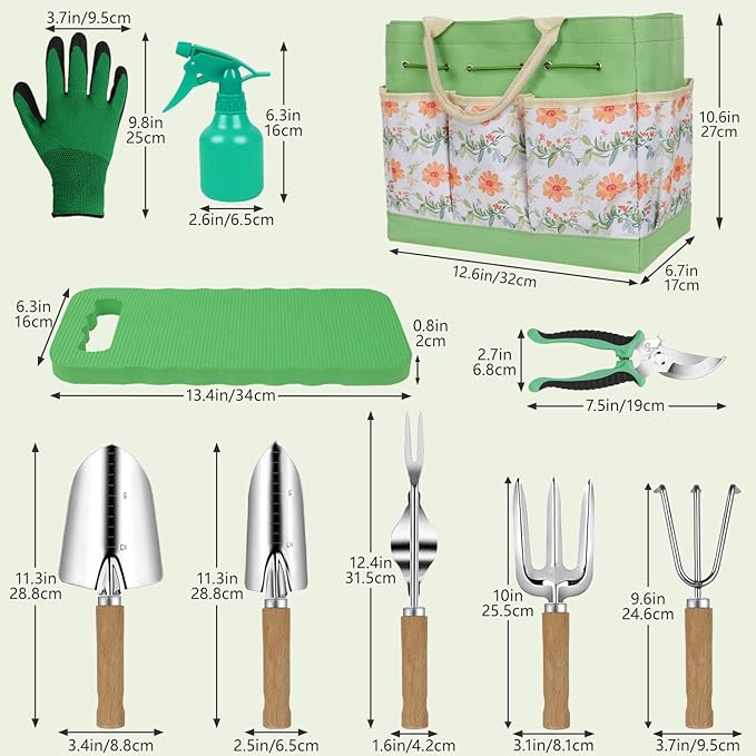 Gardening Tools 10-Piece Heavy Duty Stainless Steel Hand Tools with Durable Garden Tools Storage ToteRust-Proof Garden Tool Set Ideal Gardening Gifts for Women Yellow Floral Pattern Design