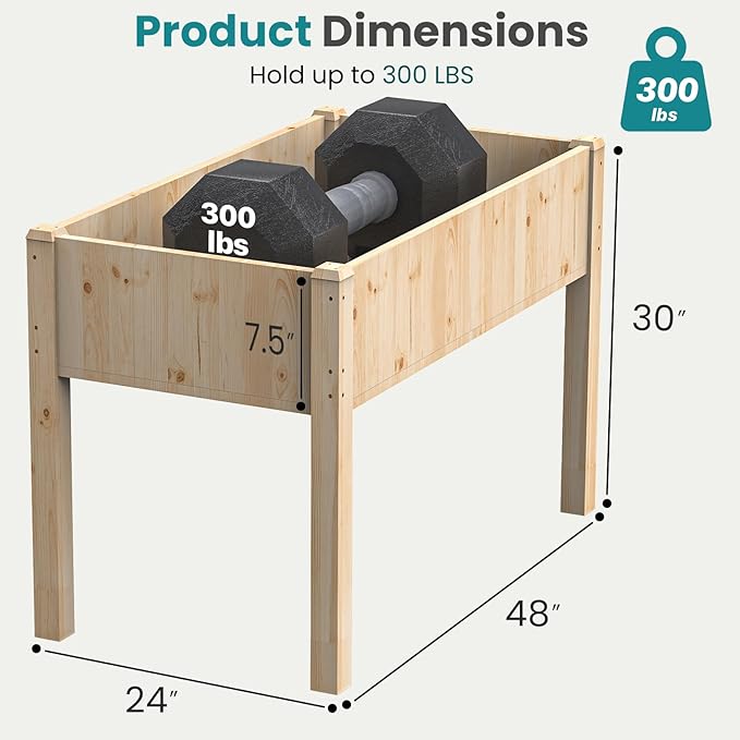 OLIXIS 48x 24x 30in Raised Garden Bed - Natural Wood Elevated Planter Box with Non-Woven Liner 300lb Capacity - Perfect for Backyard Patio Balcony Gardening(Dark Yellow)