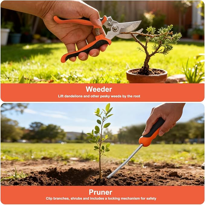Yesker Gardening Tools 7-Piece Heavy Duty Garden Tool Set Gardening Supplies Gifts for Women Men Gardening Hand Tool Kit with Non-Slip Ergonomic Handle Garden Bag Pruning Shears Black Orange