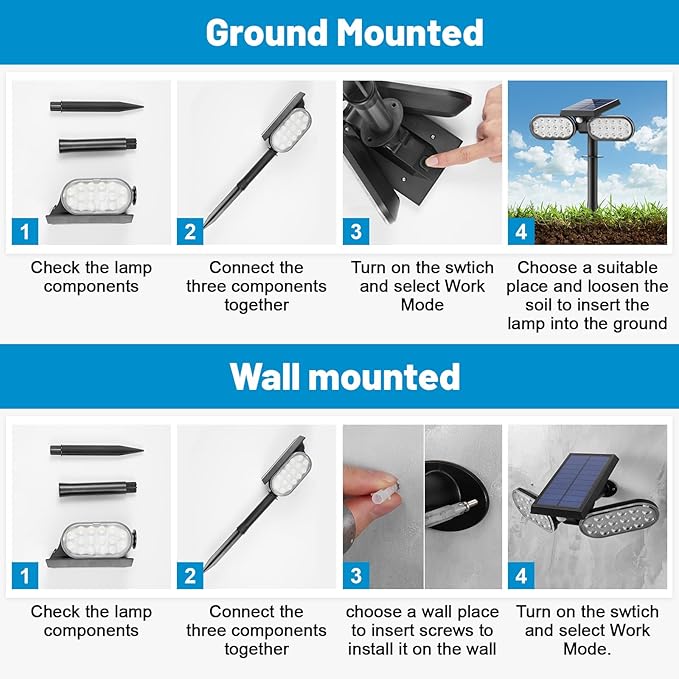Sunvivo Motion Solar Lights OutdoorGround Path Lights or Wall FloodlightStay On or Motion Sensor ModeDusk to Dawn Security LightCordless360° rotatable Spotlights for Path Yard Driveway4-Pack
