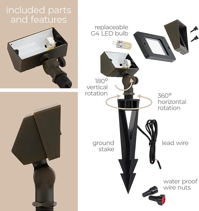 Amped Landscape Lighting 12V Flood Wall Wash Light with G4 Socket in Aged Brass Solid Copper Enhanced Protection for Coastal Environments