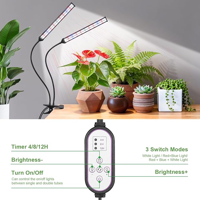Indoor Clip-on Plant Growth Light Full Spectrum Grow Light with 156 LEDs Flexible Gooseneck and 4/8/12H Timer 3 Spectral Modes 10 Levels of Dimming Suitable for Seedlings and Succulent Seeds