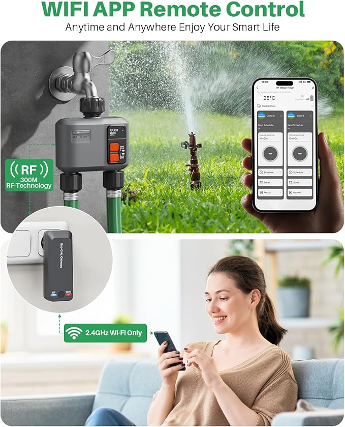 WiFi Sprinkler Timer 2 Zone with 984 Feet RF Gateway 2 Outlet Smart Water Timer for Garden Hose with Rain Delay/Manual/AutomaticWiFi Water Hose Timers for Garden &amp Lawns