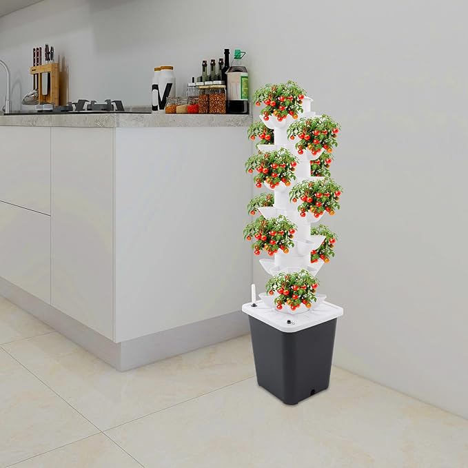 7-Tier Hydroponic Growing Tower System 35 Holes Vertical Indoor Garden with Water Pump White and Grey 96cm Height for Home Balcony Herb Vegetable Planting (White)