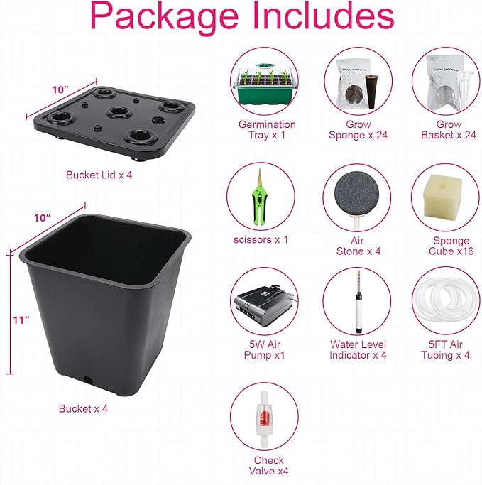 4 Hydroponic Buckets Kit for Plants Hydroponics Growing System for Herbs/Tomato/Vegetables DWC System with Air Pump &amp Germination Tray Black (Complete Indoor Hydroponic Gardening Supplies)