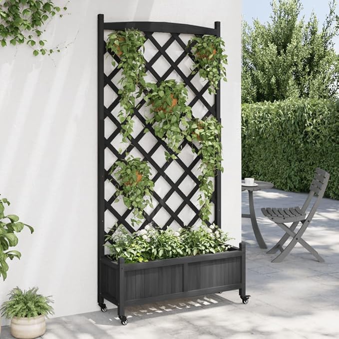 Rollable Raised Planter Box with Trellis 36 x 14 x 73.8 in Matte Black Solid Fir Wood Elevated Garden Bed on Wheels for Outdoor Patio Balcony Large Plant Container