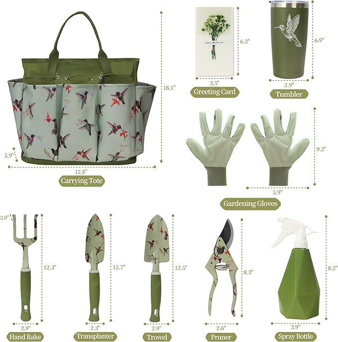 Garden Tool Set with Hummingbird Print Heavy Duty Gardening Hand Tools with Garden Tool BagGardening Gifts for Women&ampMenGreen
