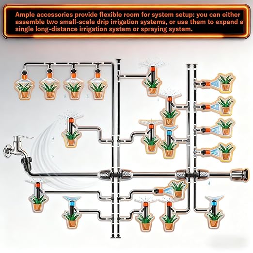 240FT Garden Drip Irrigation Kit - DIY Plant Watering System with 3 Adjustable Modes (Mist Drip Vortex Nozzles) 5/16 Mainline &amp 1/4 Tubing for Greenhouse Patio Raised Beds