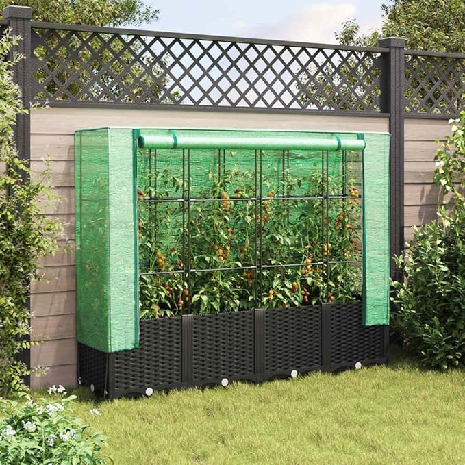 Raised Garden Bed with Greenhouse Cover Black Polypropylene 15.7x63x54.3in Planter Box for Outdoor Plants Balcony Terrace Gardening
