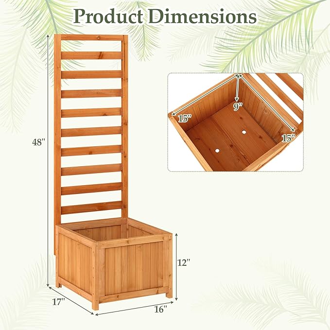 BECOMFORT 48”H Raised Garden Bed with Trellis Fir Wood Planter Box with Drainage Holes &amp Gaps for Climbing Plants Vegetables &amp Flowers Outdoor Privacy Planters for Patio Balcony Yard