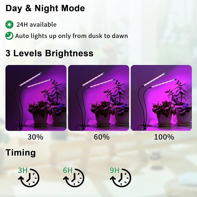 Solar Grow Lights with Batteries 2 Heads Clip Plant Growing Lamp with Red Blue Spectrum for Indoor Plants 3/9/12H Timer 3 Dimmable Level Adjustable Gooseneck3 Switch Modes Auto On Off