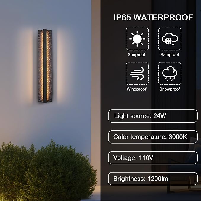 LamQee 23.6in Long Outdoor Modern LED Wall Lights Hammered Wrought Iron and Aluminum 3000K 1200LM Linear Exterior Lighting Fixtures Wall Mount Waterproof Outside Sconce for House Porch Patio Garage
