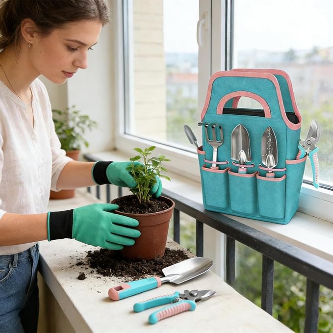 Garden Tool SetPlanting Trowel Rake Gloves with Pruner - Garden Set with Tote - for Indoor Outdoor Lawn Backyard Patio Balcony Greenhouse