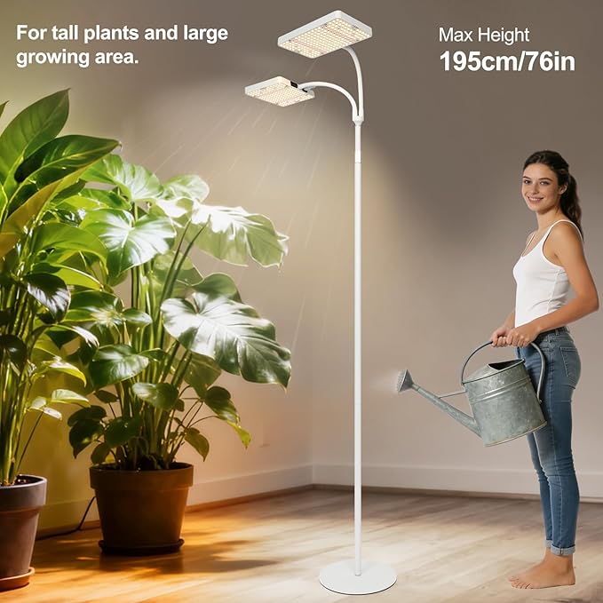 2Head Floor Lamp Grow Light Bright and Big Coverage Grow Light with Stand for Indoor Tall Plants Bonsai Tree 4/8/12/16/20H Timer 50 Watt Power Draw NO Need Adapter 24-76 Height