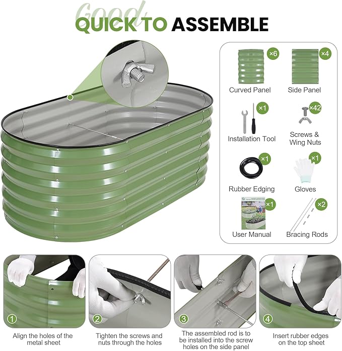 G GOOD GAIN Raised Garden Beds - 4x2x1.4ft Galvanized Planter Boxes Kit with Protective Tape &amp Gloves &amp Tools | Oval Metal Outdoor Raised Bed for Gardening Vegetables Fruits Flowers Herbs