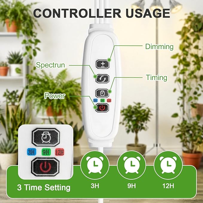 Full Spectrum Grow Light for Indoor Plants with Adjustable Tripod Stand 11''- 60'' Height Plant Grow Lamp with Auto Timer 3/9/12H LED Plant Light for Houseplants Seedlings Flowers &amp Indoor Gar