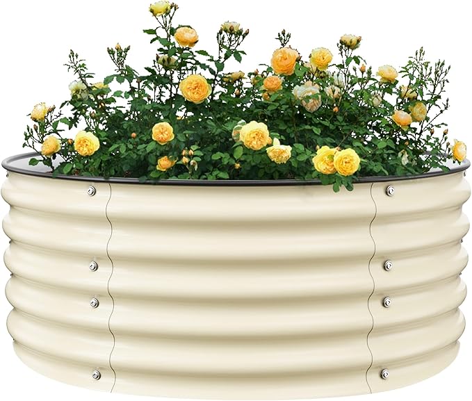 17'' Tall Round Raised Garden Bed Kit Outdoor Zinc-Aluminum-Magnesium Metal Flower Beds Stainless Steel Patio Ground Planter for Planting Vegetables (Ivory)