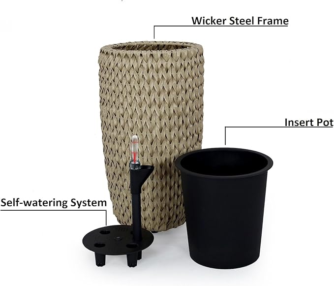 Generic 10.6 Self Watering Wicker Planter Garden Decoration Pot Beige Round
