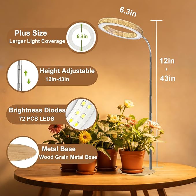 Grow Light for Indoor Plants Full Spectrum Desk LED Plant Light with Faux Wood Grain 12-43 Height Adjustable Auto On/Off Timer 3/9/12H 3 Modes 10 Dimmable Levels for Succulents Herbs