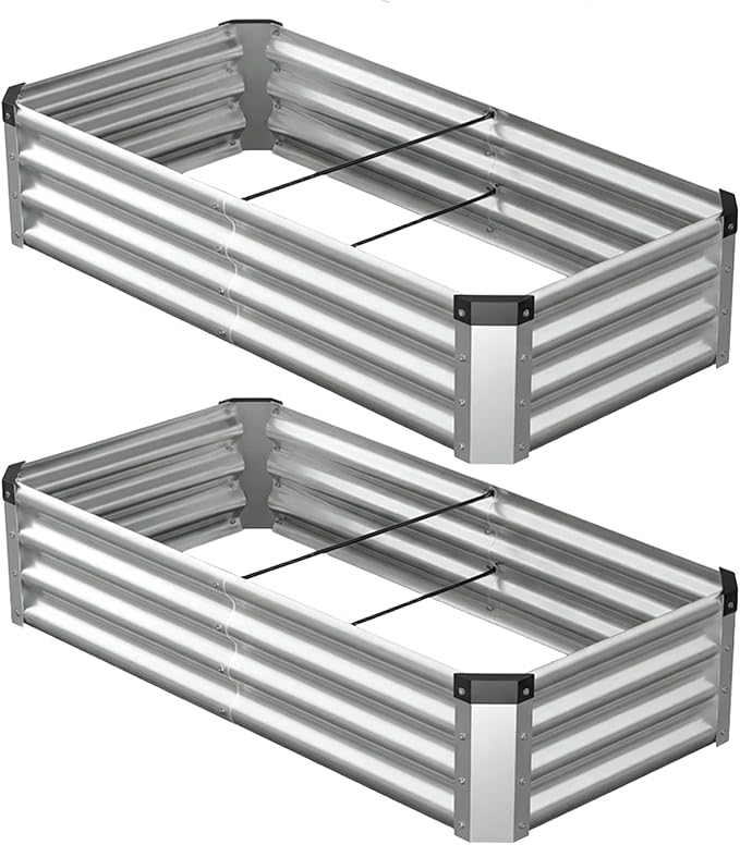 4x2x1 Ft 2Packs Metal Raised Garden Bed Rectangular Outdoor Garden Bed Planter Box for Vegetables Flowers and Herbs Color Coated Steel Raised Planter Bed Kit (Silver)