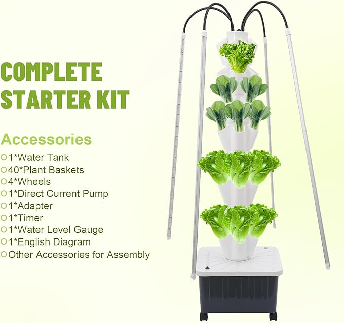 8 Tiers 40-Plant Hydroponic Growing Tower with LED Grow Light Indoor Garden Planter with Wheels &amp Timed Plug Vertical Smart Herb Garden for Fruits Vegetables Herbs