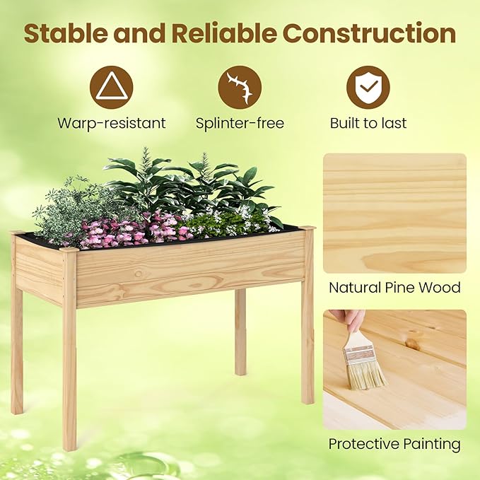 S AFSTAR 2 Pieces Wooden Raised Garden Bed with Legs Planter Box with Liner &amp Drainage Holes for Vegetable Flower Herb Indoor Outdoor Elevated Gardening Box for Backyard Patio Balcony