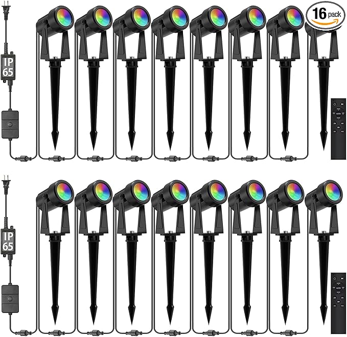 SUNTHIN Outdoor Landscape Lighting with Remote RGBW Color Changing Spot Uplights 16 Pack
