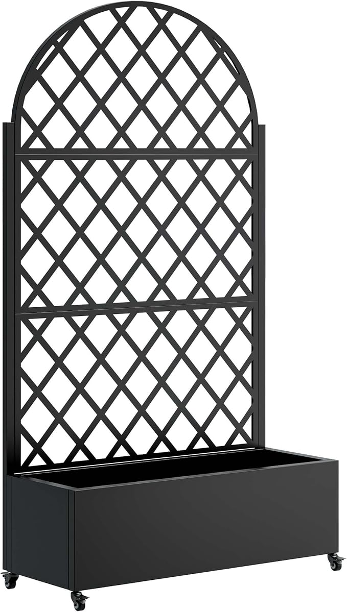 Metal Planter Box with Trellis &amp Wheels Outdoor Privacy Planters for Patio Mobile Raised Garden Bed with Trellis for Climbing Plants Balcony &amp Backyard (Black 2)