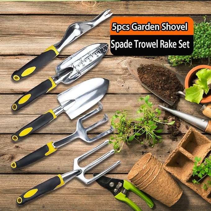 SagaSave Garden Tool Set 5 Pcs Heavy Duty Gardening Kit Include Aluminum Alloy Small Shovel Right Angle Fork Shovel Weeding Fork Transplanter Ideal Garden Tools Gift
