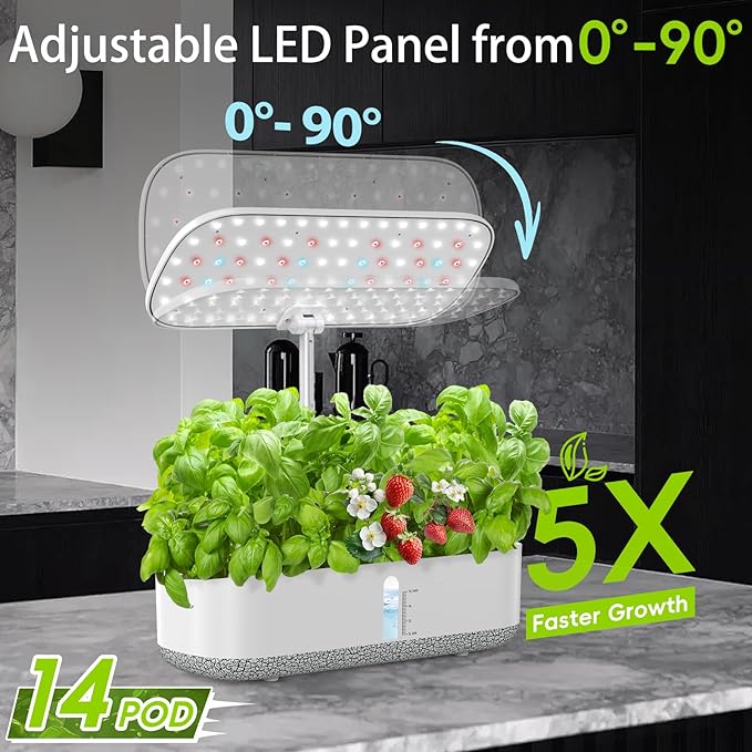 Large Hydroponics Growing System 14 Pods Indoor Herb Garden with LED Grow Light 5L Water Tank Hydroponic Grow Kit with 3 Auto-Timers Rotatable Light Panel and Child Lock for Home School Gardening