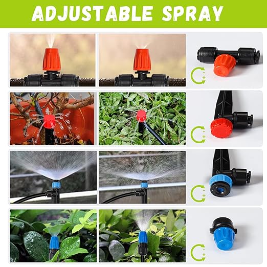 Drip Irrigation Kit Automatic Watering System 115FT Misting Sprinkler DIY Devices with 1/4 &amp 1/2 Tubing Hose Adjustable Nozzle Emitters Quick Connectors for Greenhouse Garden Patio