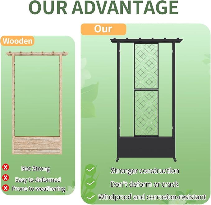 74 Mobile Planter with TrellisWeatherproof Vertical Raise Garden Bed with Trellis &amp Hanging Roof for Climbing PlantsFlowersVegetablesRust-Proof Metal Privacy Planter for Patio (Black-A)